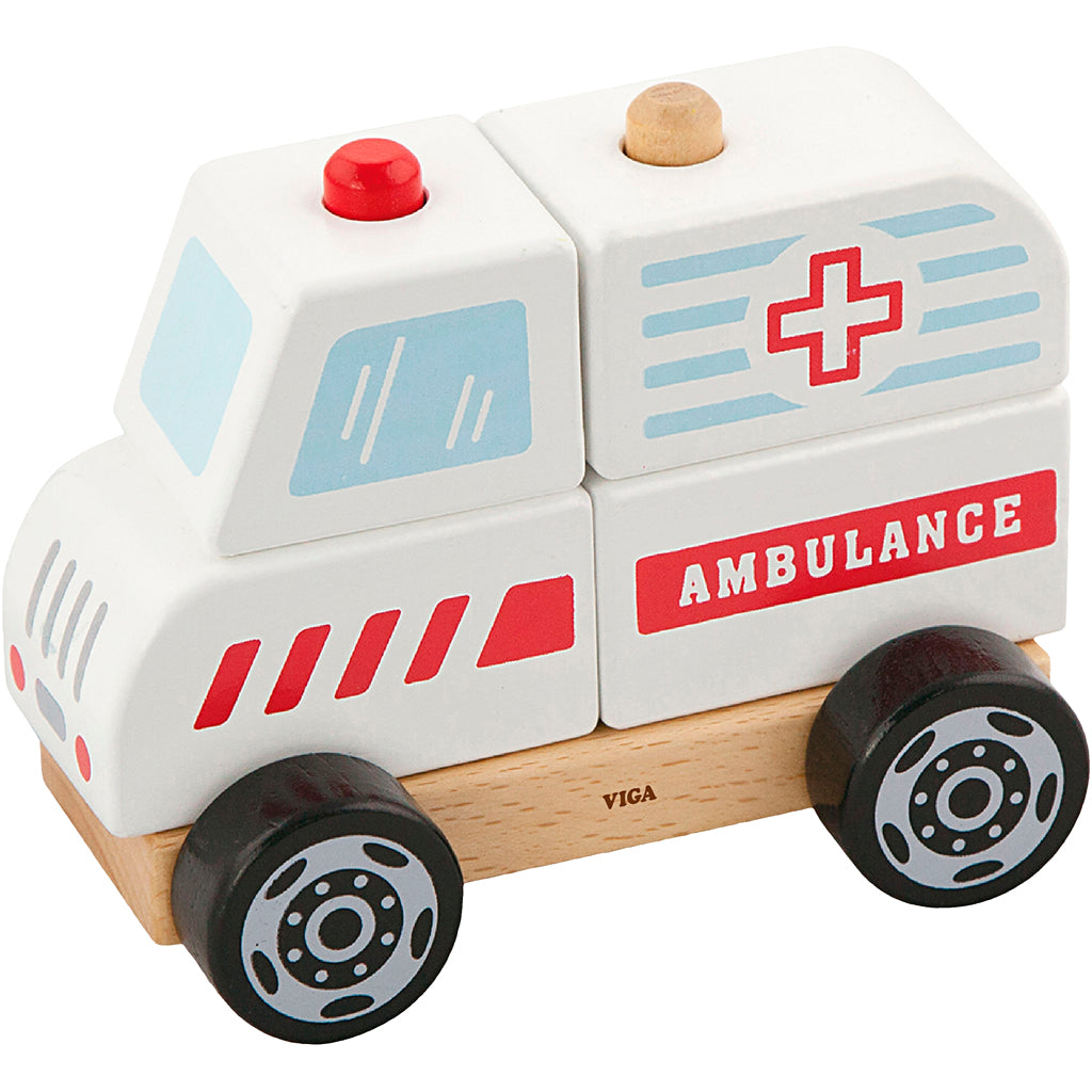 Viga houten stapelbare ambulance speelgoed, ambulance, afm 13x10x8 cm, 1 stuk
