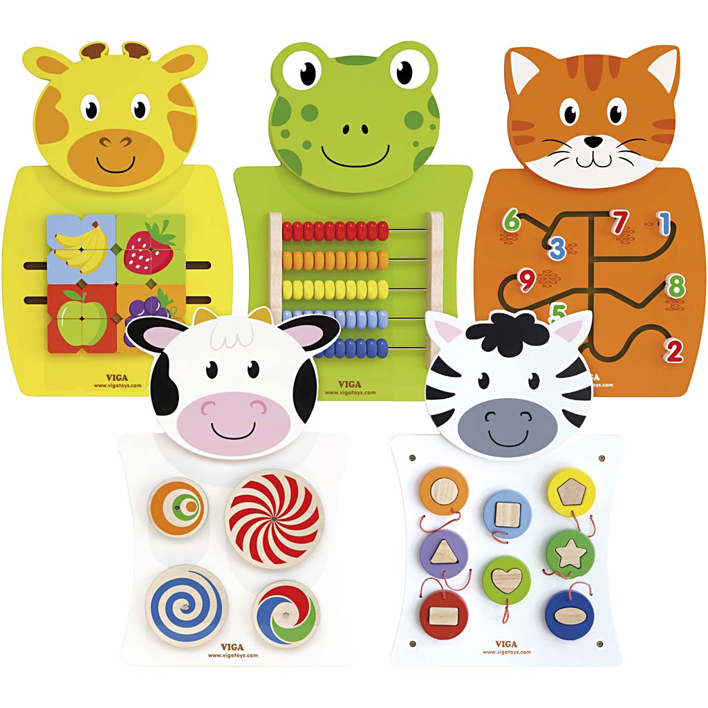 Viga activiteitenbord, koe, katten, kikker, zebra en giraf, afm 36x55x3,5 cm, 5 onderdelen 1 doos