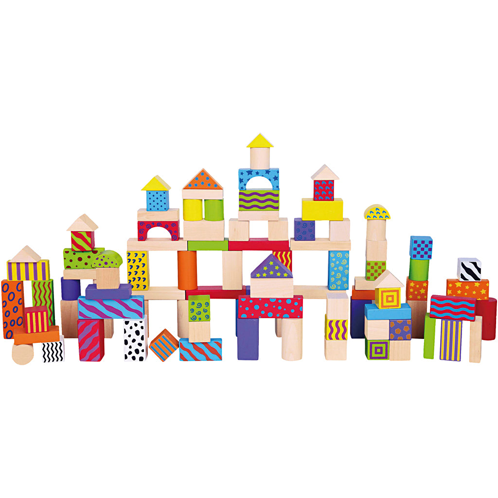 Viga houten blokken met patroon, afm 3 cm, diverse kleuren, 100 onderdelen 1 set