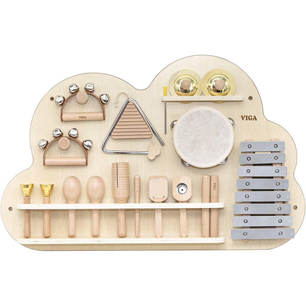 Viga activiteitenbord met percussie-instrumenten, h: 48 cm, l: 75, b: 6,6, 12 onderdelen 1 doos