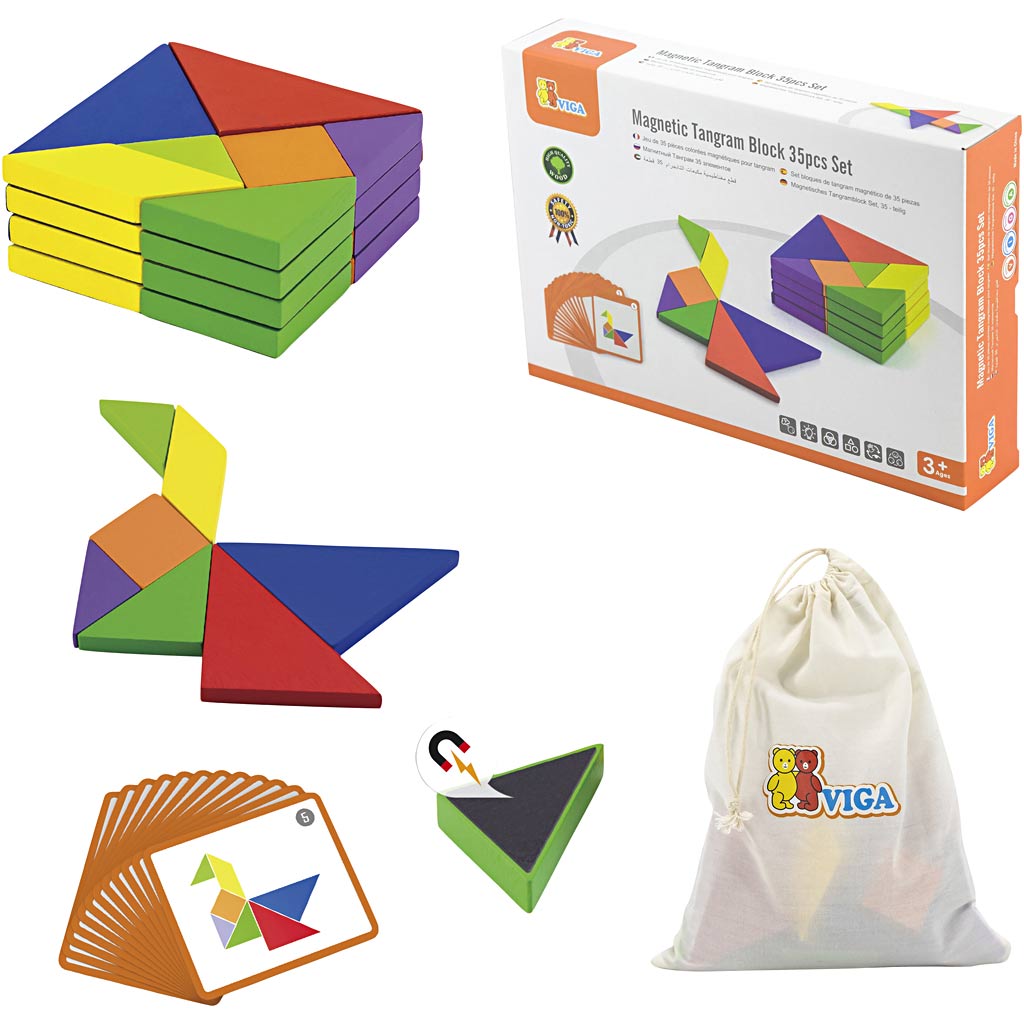 Viga magnetische tangram, h: 1 cm, l: 10 cm, b: 10 cm, 35 onderdelen 1 doos