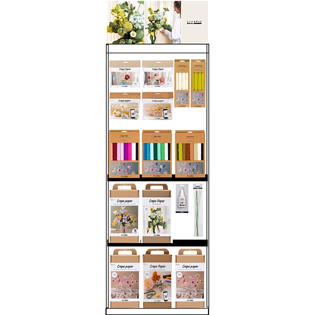 Creativ company vloerdisplay, gemonteerd, category, bloemen van crêpepapier, volwassene, h: 1580 mm, l: 600 mm, b: 400 mm, 121 eenh. 1 stuk