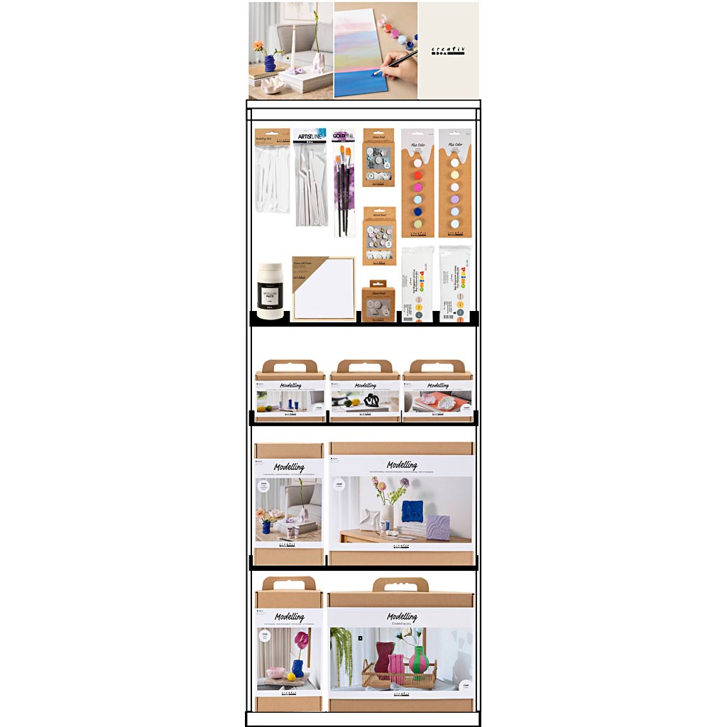 Creativ company vloerdisplay, gemonteerd, category, zelfhardende klei, volwassene, h: 1580 mm, l: 600 mm, b: 400 mm, 125 eenh. 1 stuk