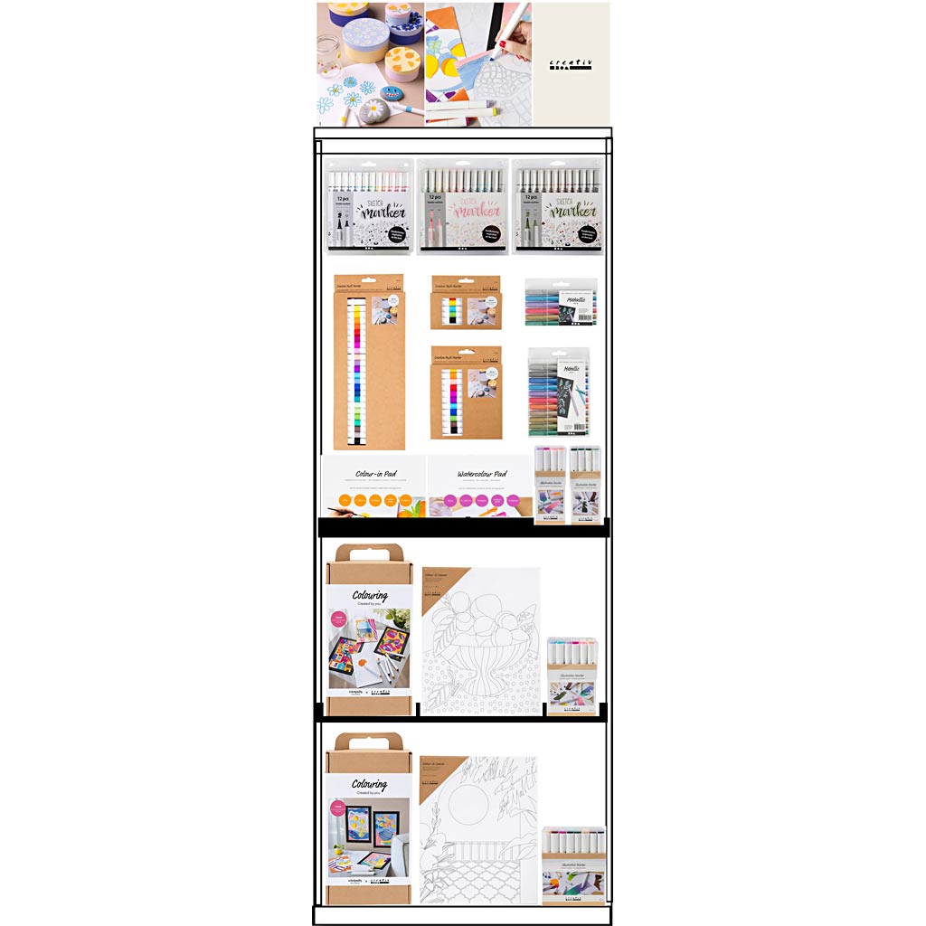 Creativ company vloerdisplay, gemonteerd, category, kleuren, volwassene, h: 1580 mm, l: 600 mm, b: 400 mm, 139 eenh. 1 stuk