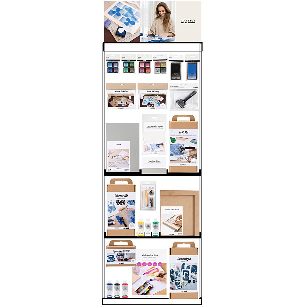 Creativ company vloerdisplay, gemonteerd, category, linosnede, volwassenen, h: 1580 mm, l: 600 mm, b: 400 mm, 194 eenh. 1 stuk