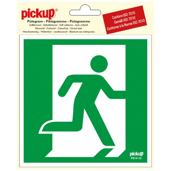 Sticker nooduitgang rechts - 150x150 mm.