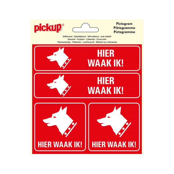 Sticker hier waak ik ! - 150x150 mm 4 stuks.