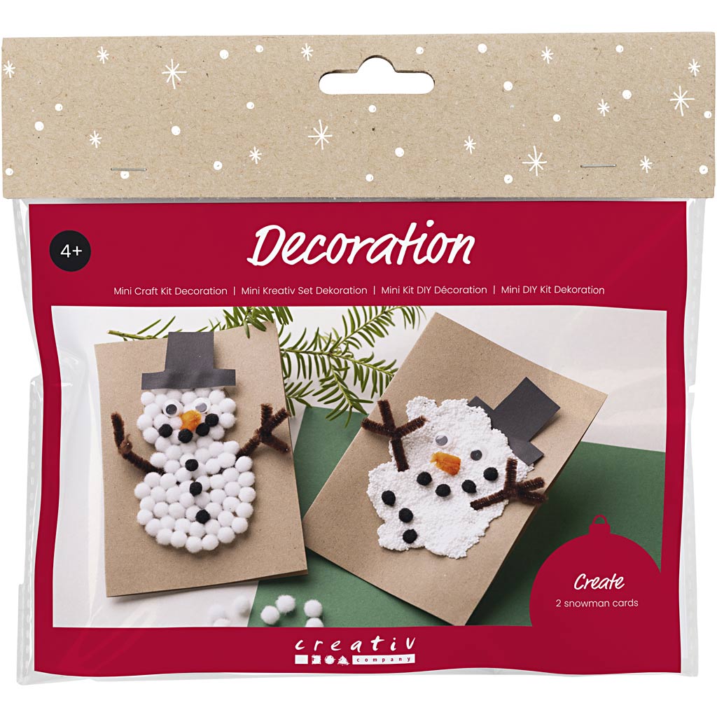 Creativ company mini hobbyset decoratie, kerstkaarten met sneeuwpoppen, zwart, bruin, mid oranje, wit, 1 doos