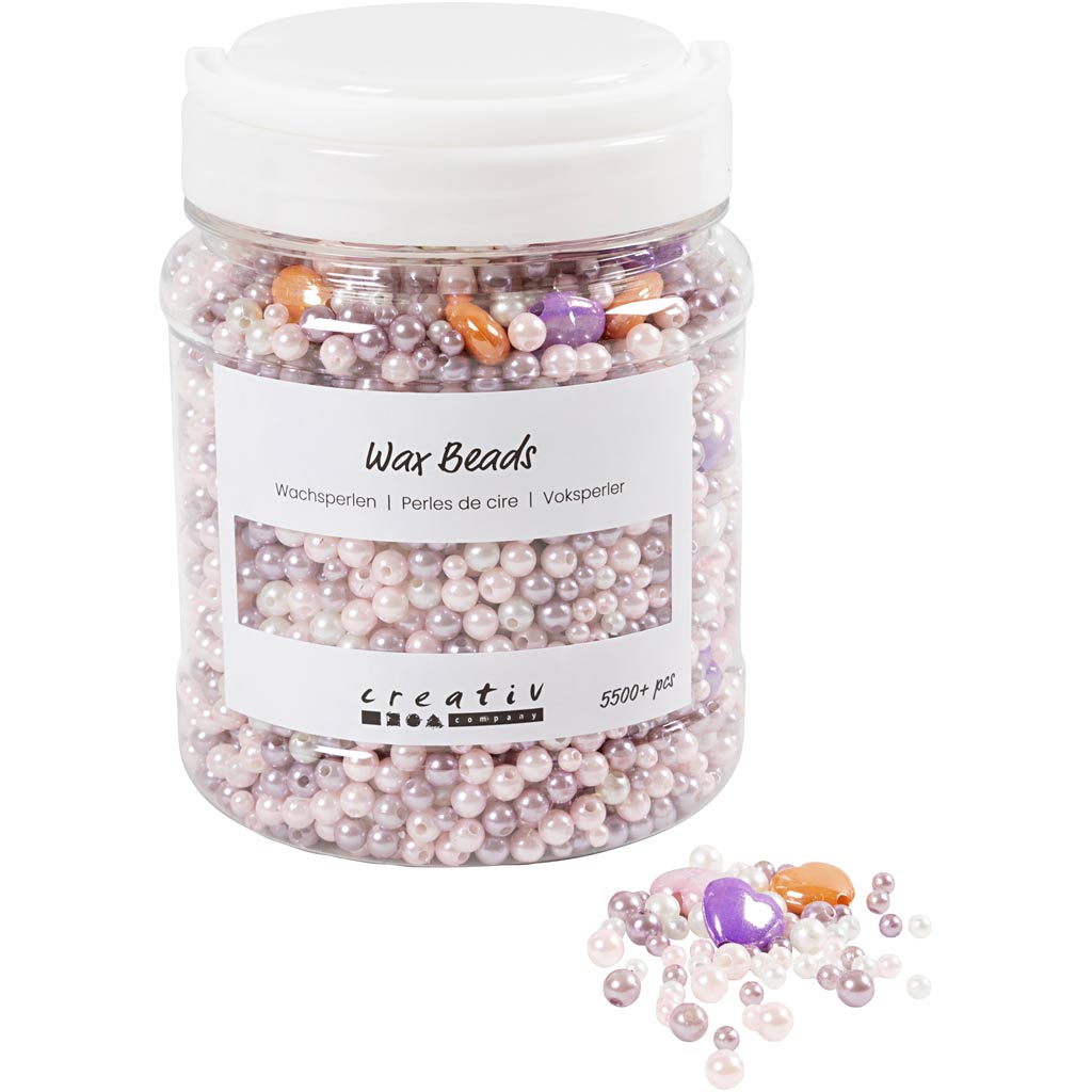 Creativ company waskralen, gatgrootte 1,3-2,5 mm, ca. 5500 stuk, pastel orange, lichtroze, lichtpaars, parelmoer, 425 gr, 700 ml 1 doosje