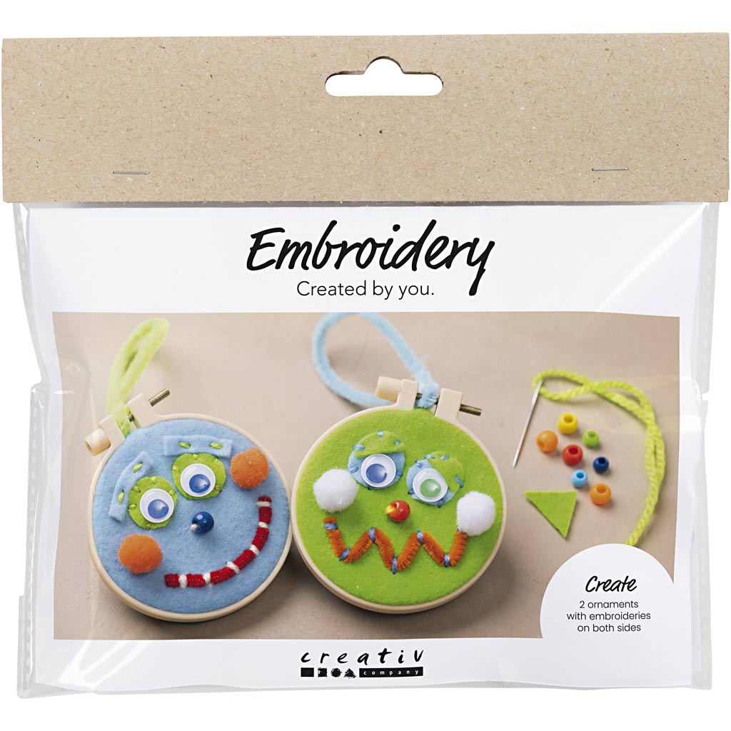 Creativ company mini hobbyset borduren, gezichtjes, blauw, groen, 1 doos