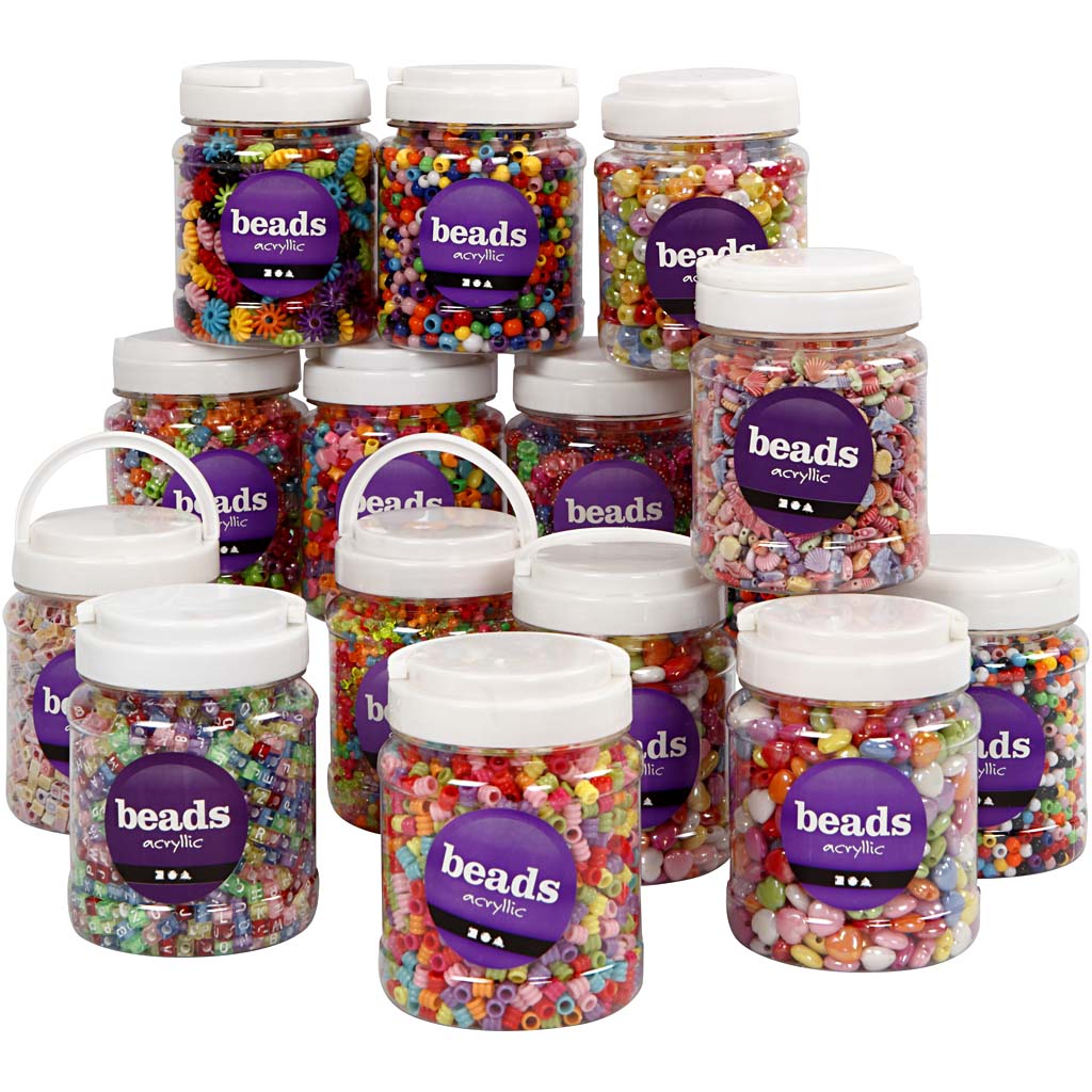 Creativ company plastic kralen, afm 6-15 mm, gatgrootte 1,5-6 mm, diverse kleuren, 16x700 ml 1 doos