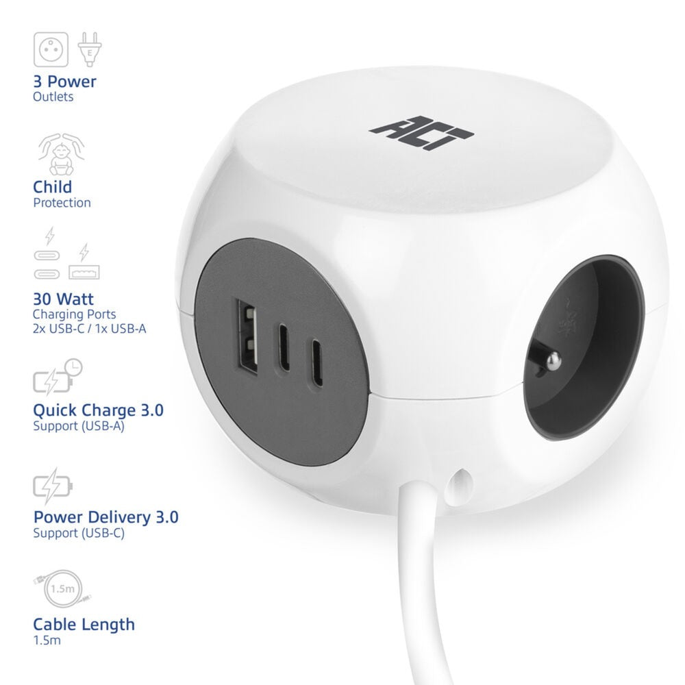 Act connectivity stekkerdoos kubus met 3 stopcontacten, 30w d