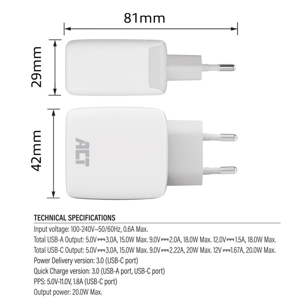 Act connectivity usb-c usb-a lader 20w met delivery pps, qu