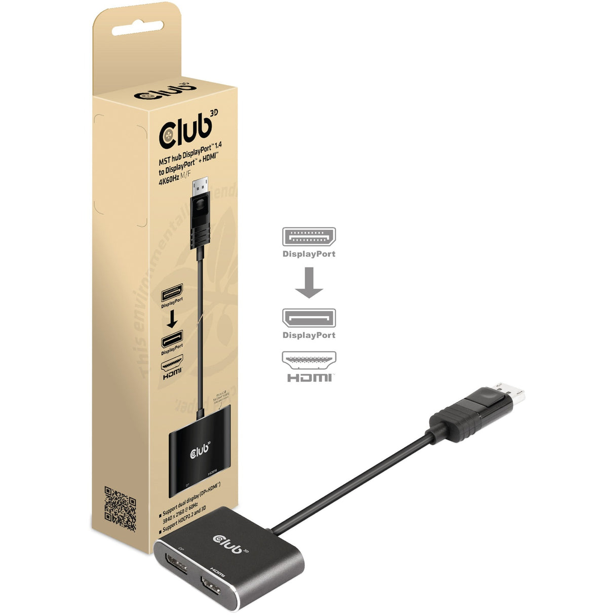 Club 3D MST hub DisplayPort 1.4 to DisplayPort + HDMI 4K60