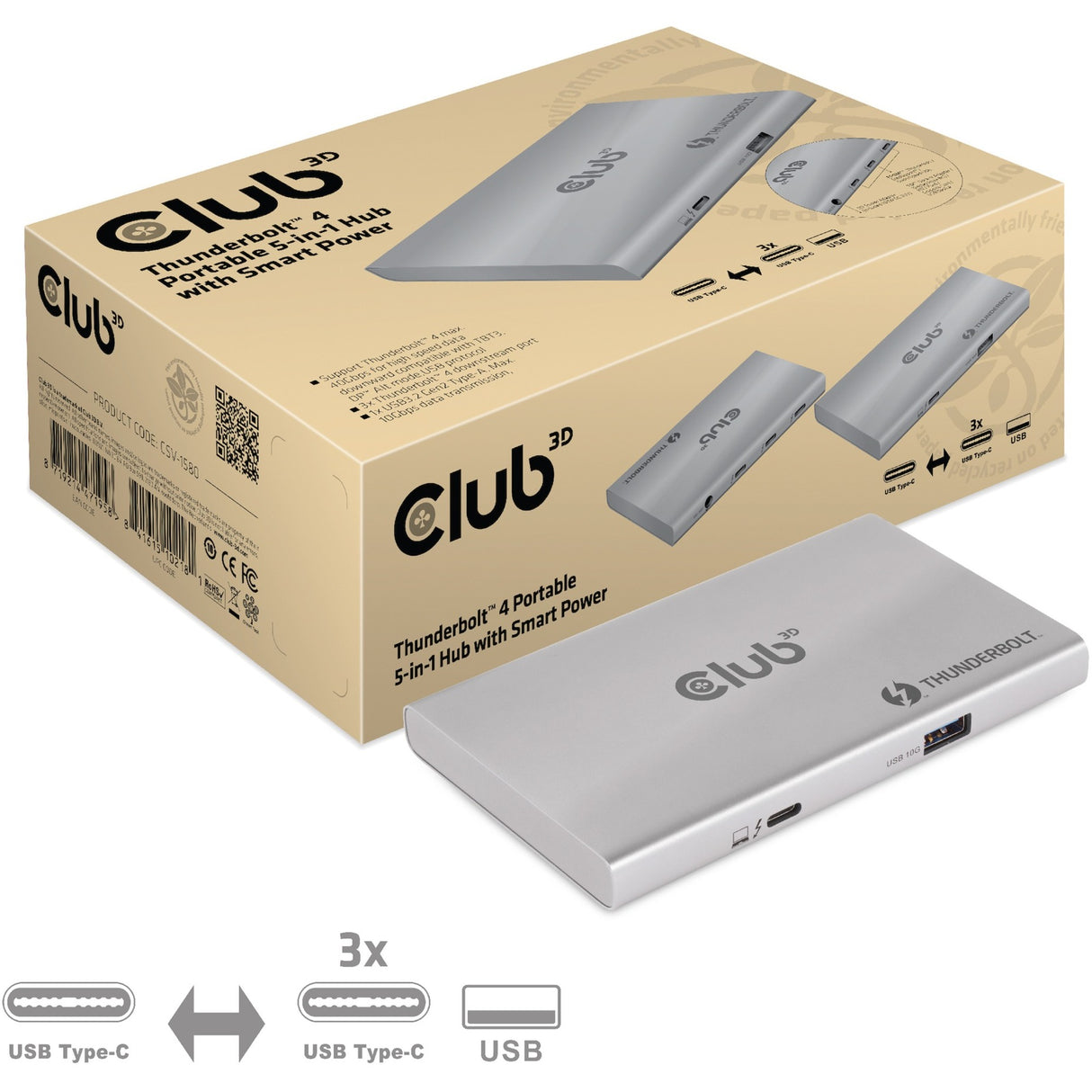 Club 3D Thunderbolt 4 Portable 5-in-1 hub met smart power