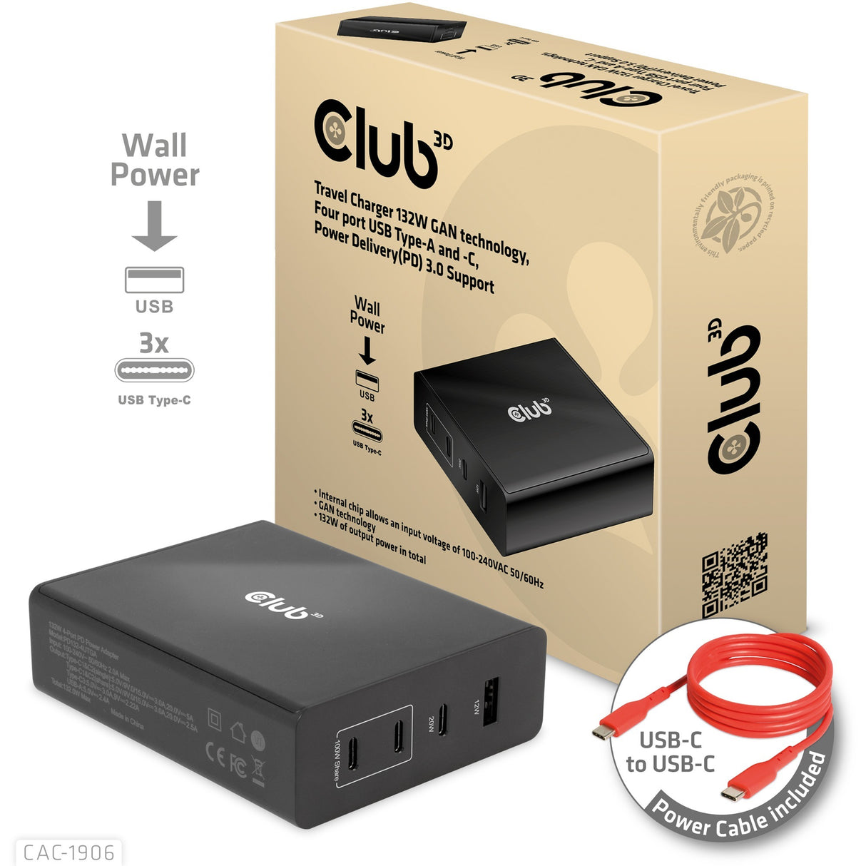 Club 3D Travel Charger 132W GAN technology, Four port USB