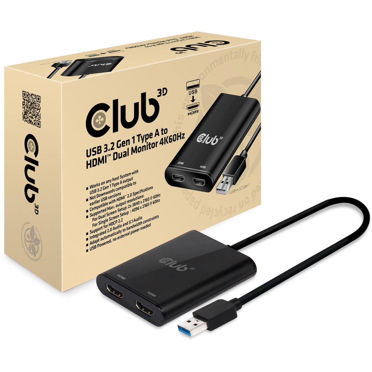 Club 3D USB 3.2 Gen1 Type A naar HDMI Dual Monitor 4K 60Hz