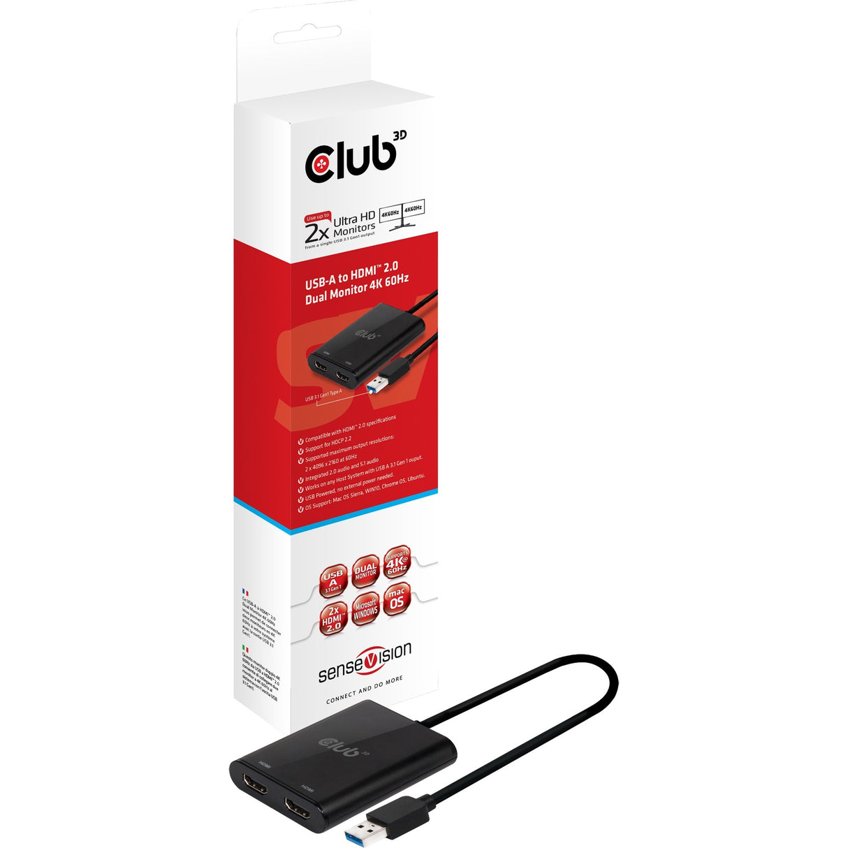 Club 3D USB 3.2 Gen1 Type A naar HDMI Dual Monitor 4K 60Hz