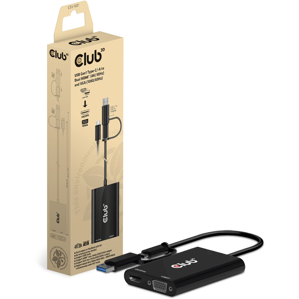 Club 3D USB Gen1 Type-C -A to Dual HDMI (4K 30Hz) VGA (1