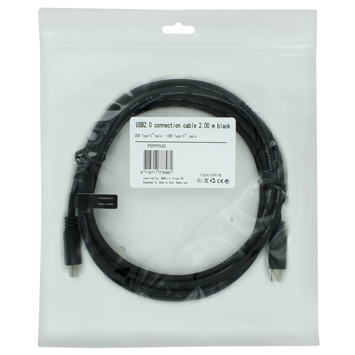 Huismerk usb2.0 type-c kabel 2 meter - zwart