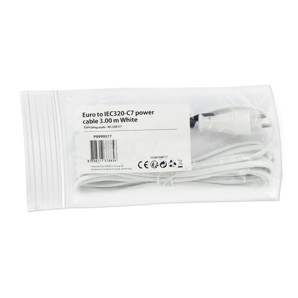 Huismerk euro naar iec320-c7 stroomkabel 3 meter - wit