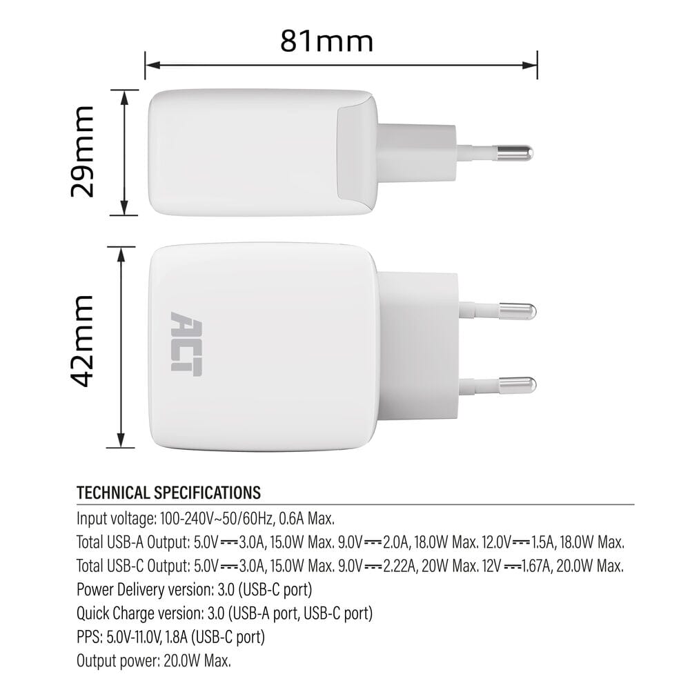 Act usb-c usb-a charger 20w pd pps, quick charge, ganfast