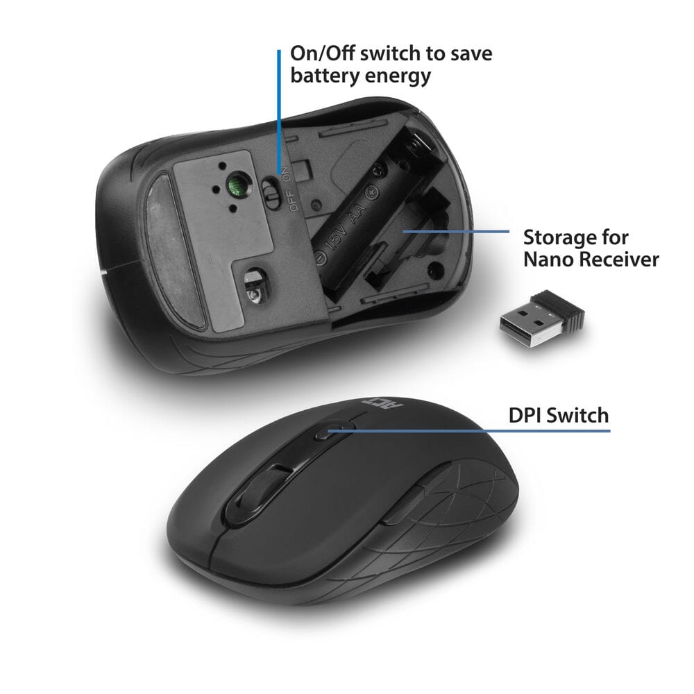 Act draadloze muis, usb nano-ontvanger, 1600 dpi, zwart