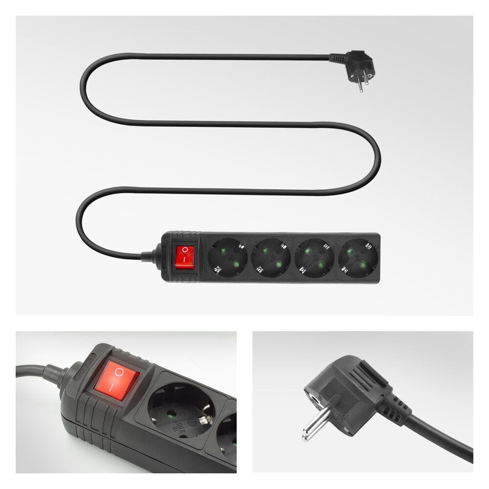 Act stekkerdoos met schakelaar, 4 sockets, 2 m, zwart