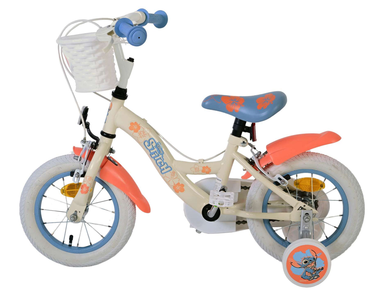 Stitch disney kinderfiets - meisjes - 12 inch - twee handremmen - crème koraal blauw