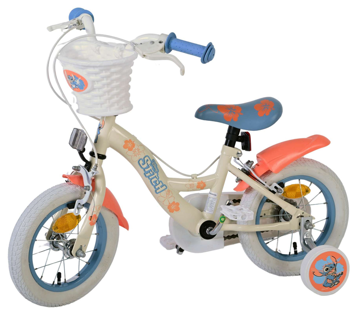 Stitch disney kinderfiets - meisjes - 12 inch - twee handremmen - crème koraal blauw