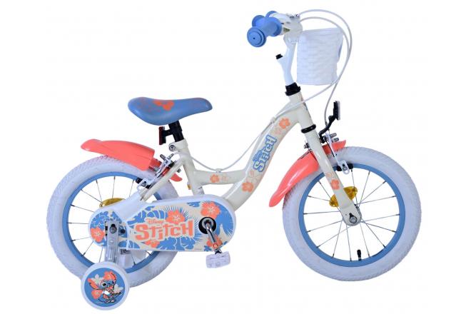 Stitch disney kinderfiets - meisjes - 14 inch - crème koraal blauw - twee handremmen