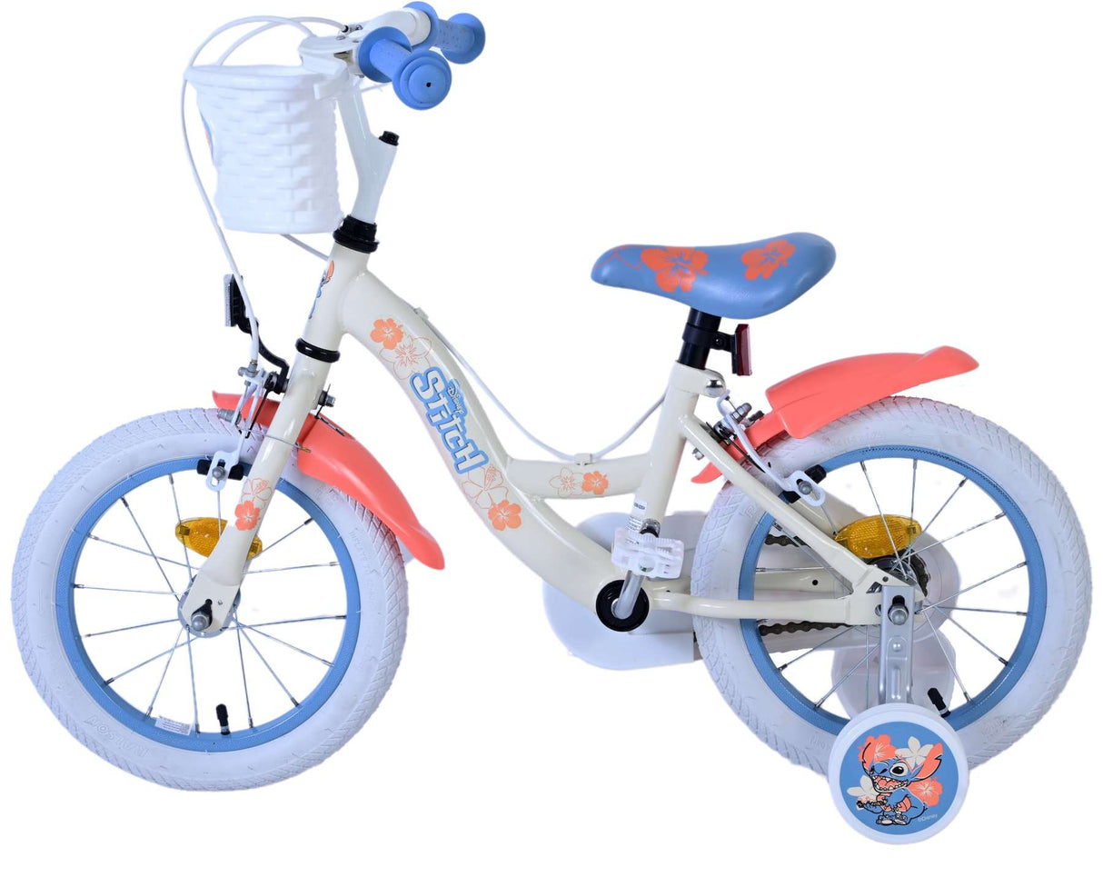 Stitch disney kinderfiets - meisjes - 14 inch - crème koraal blauw - twee handremmen