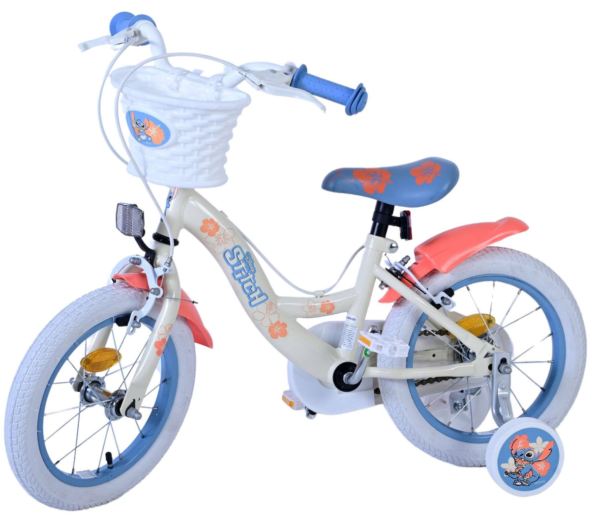 Stitch disney kinderfiets - meisjes - 14 inch - crème koraal blauw - twee handremmen