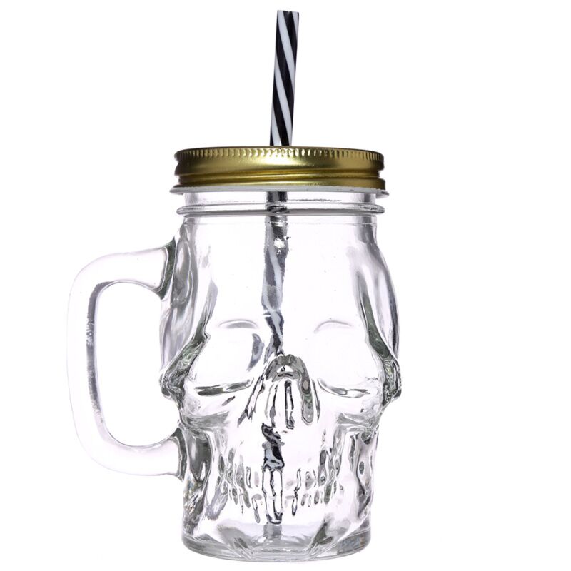 Schedelvormige mason jar glazen drinkbeker met rietje en dekel