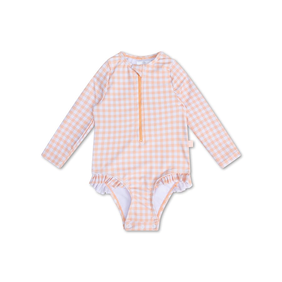 Sunset grid | oranje wit meisjes uv badpak met lange mouwen