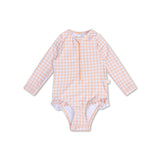 Sunset grid | oranje wit meisjes uv badpak met lange mouwen