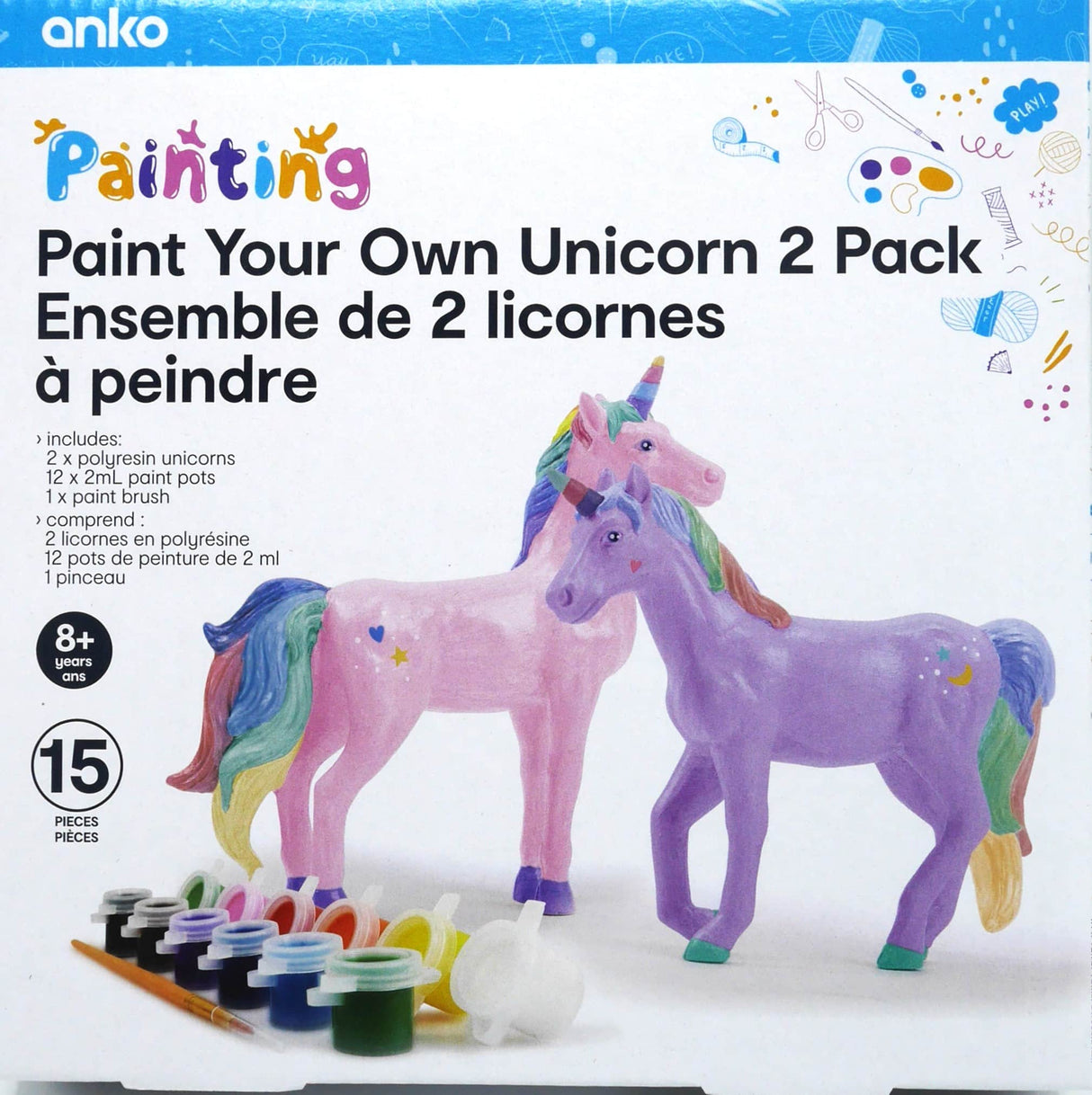 2 eenhoorns van polyhars om in je eigen kleuren te schilderen.
