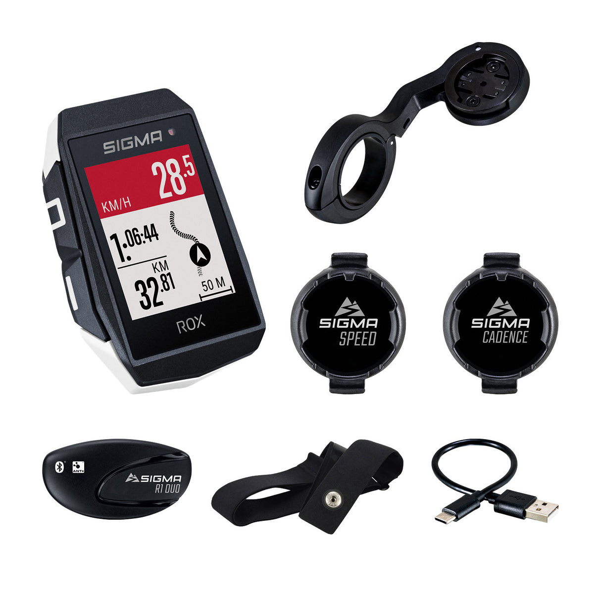 Sigma rox 11.1 evo gps hr + cad snelh set + sb gps+ant+ ble riem+usb-c
