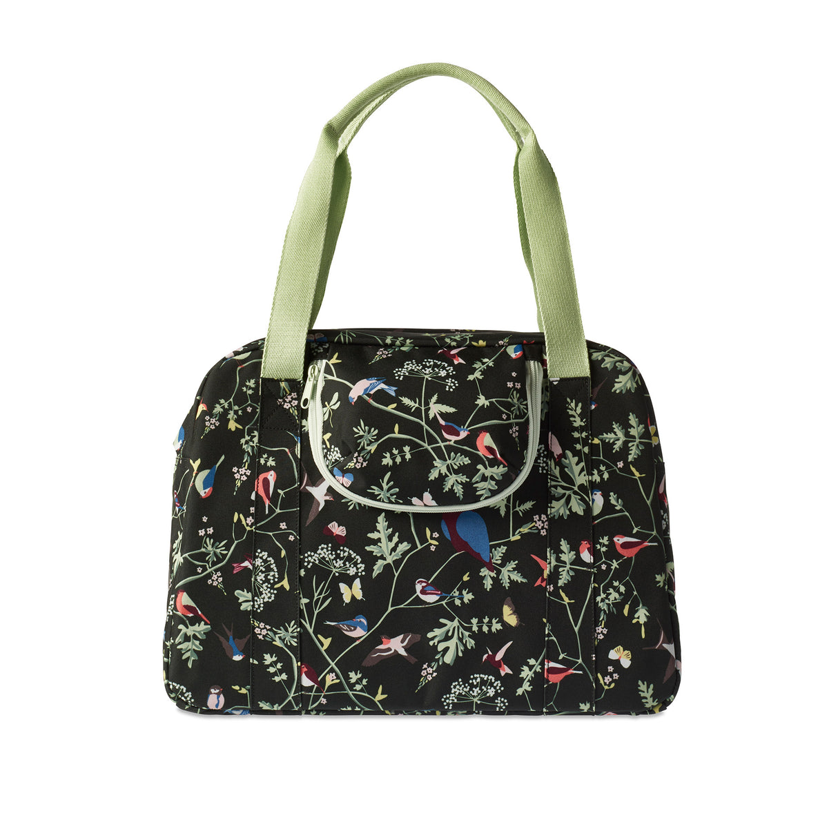 Basil Wanderlust Carry All Bag - zwarte fietshandtas met kleurrijke vogelprint