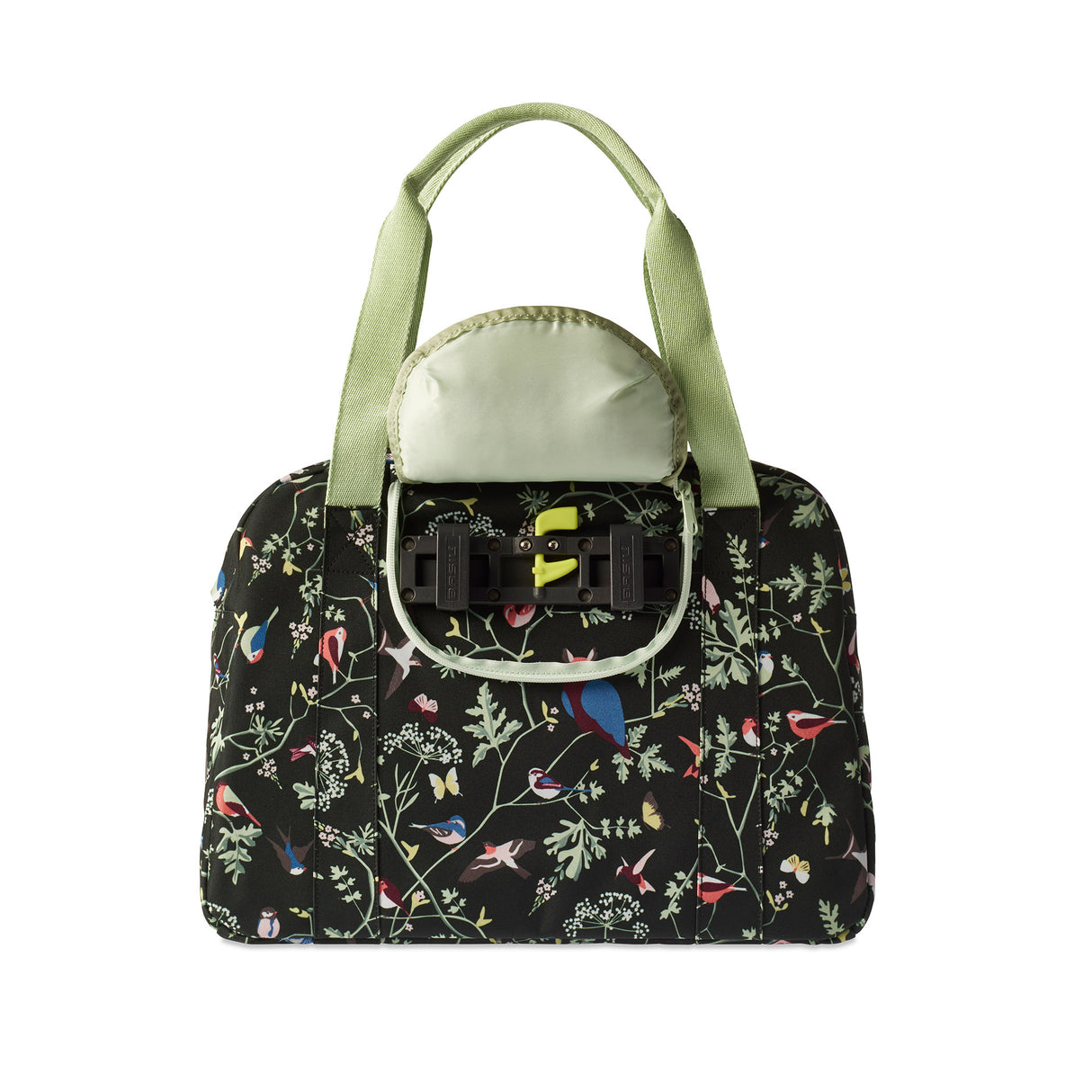 Basil Wanderlust Carry All Bag - zwarte fietshandtas met kleurrijke vogelprint