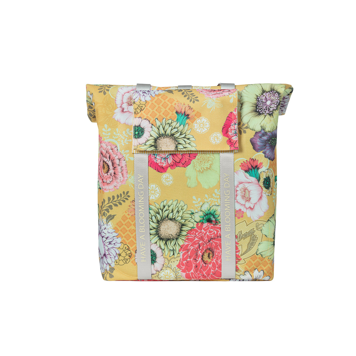 Basil Bloom Field fietsshopper, geel, gerecycled PET, waterdicht, verstelbare schouderriem
