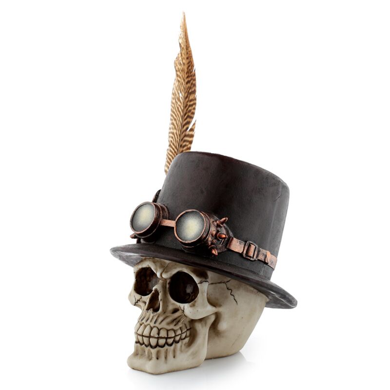 Steam punk stijl schedel met hoge hoed veren woonaccessoire
