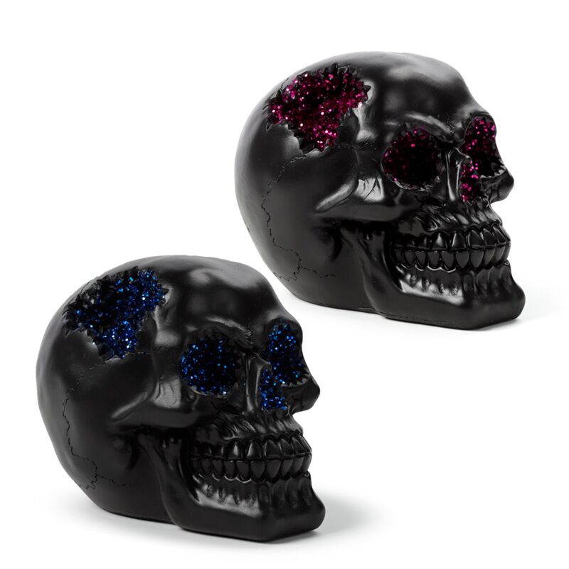 Zwarte kristalgrot schedel woonaccessoire