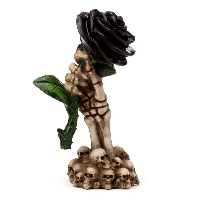 Skelet hand houdt zwarte roos woonaccessoire