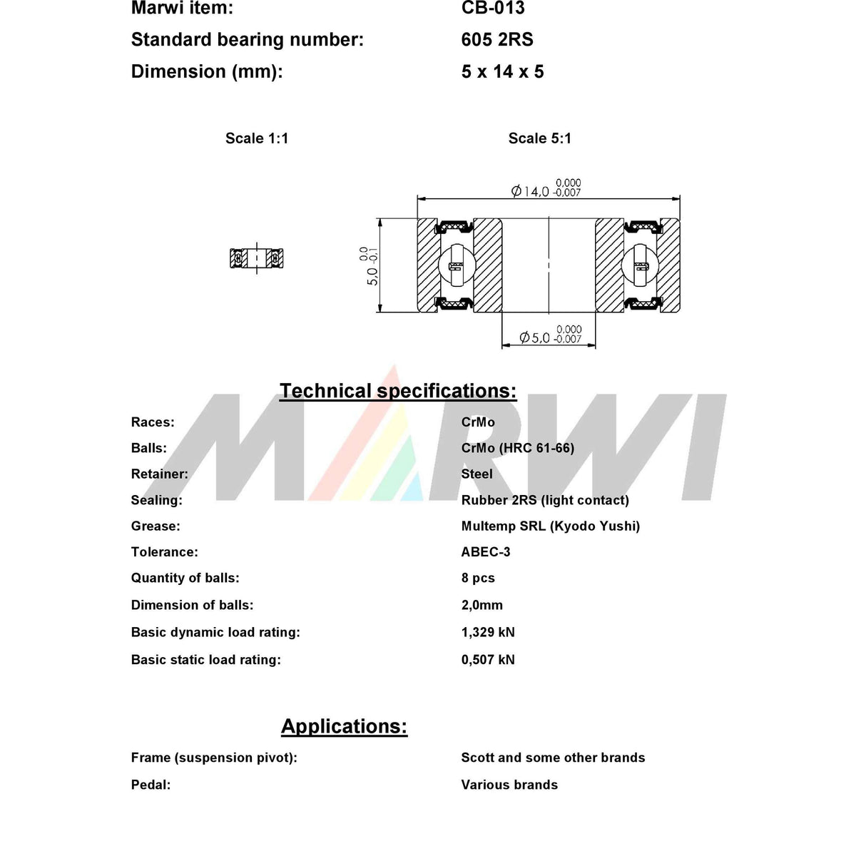 Marwi union kogellager cb-013 605 2rs 5x14x5