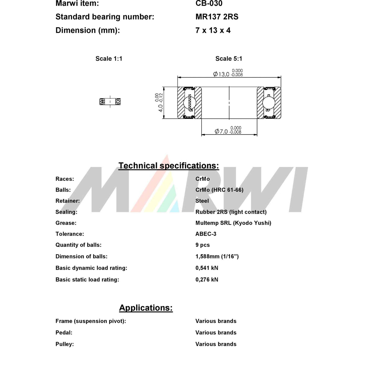 Marwi union kogellager ball bearing union cb-030 7x13x4