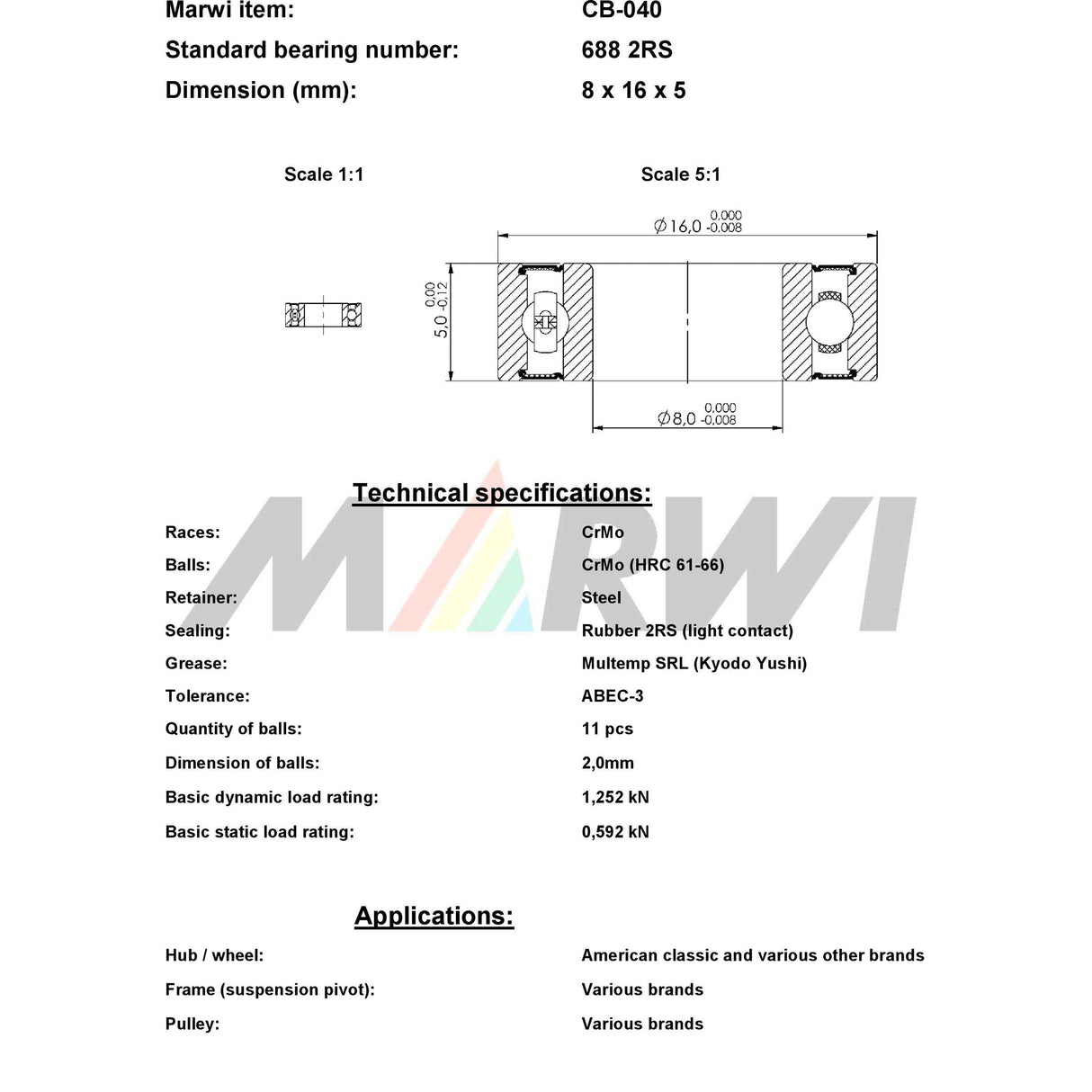 Marwi union kogellager ball bearing union cb-040 8x16x5