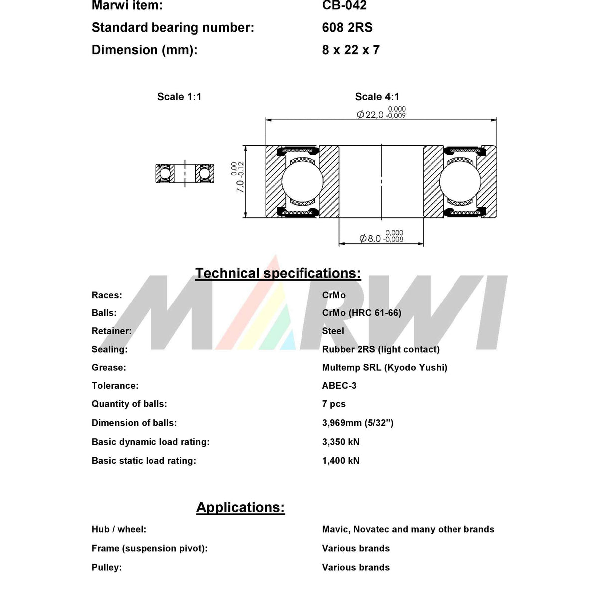 Marwi union kogellager ball bearing union cb-042 8x22x7