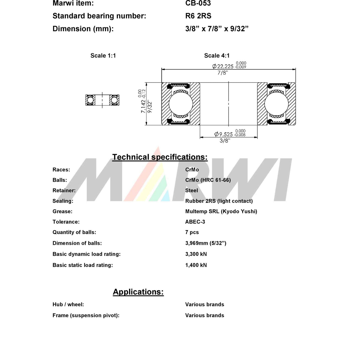 Marwi union kogellager ball bearing union cb-053 3 8 x7 8 x9 32