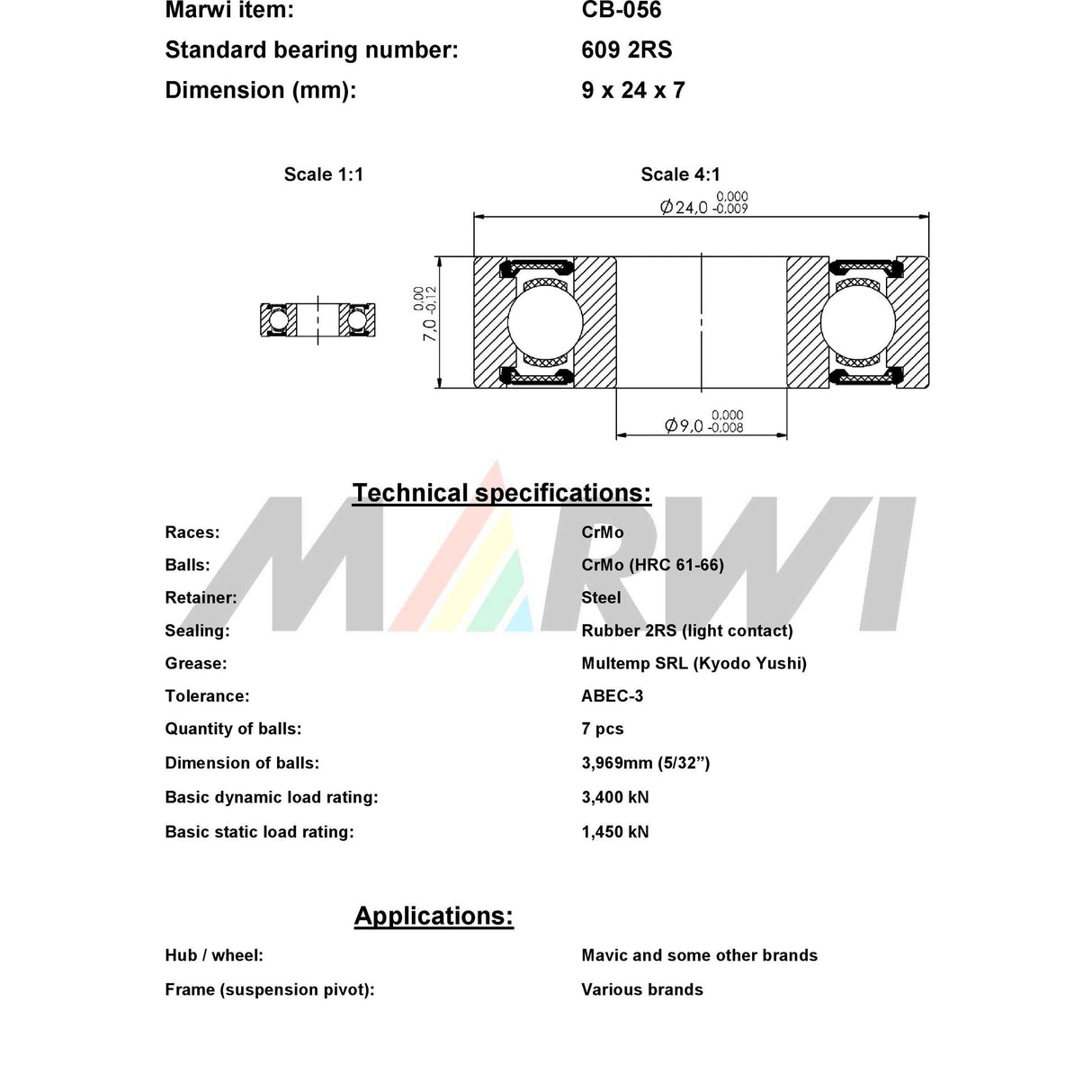 Marwi union kogellager ball bearing union cb-056 9x24x7
